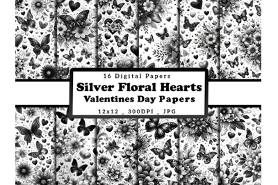 Silver Floral Hearts and Butterflies Valentine&#039;s Day Papers