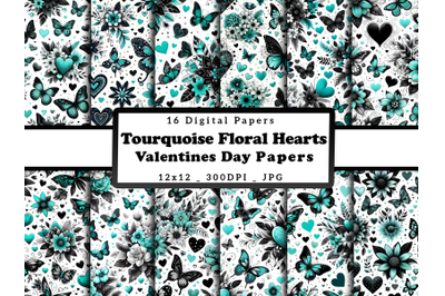 Turquoise Floral Hearts and Butterflies Valentine&#039;s Day Papers
