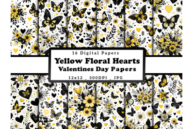 Yellow Floral Hearts and Butterflies Valentine&#039;s Day Papers