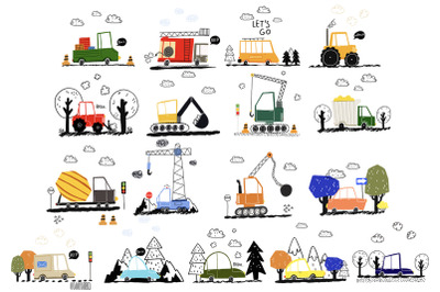 Illustration with cartoon transport and nature