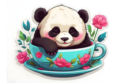 Illustration of panda sleeping in teacup