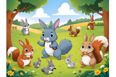 Farm animals with rabbits and squirrels