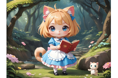 Girl dressed up like Alice in wonderland, holding book