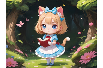 Girl dressed up like Alice in wonderland, holding book