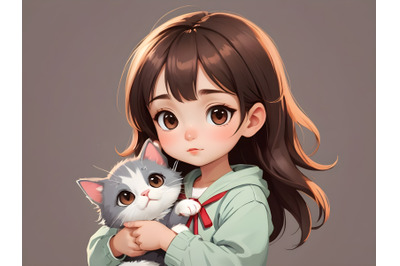 Hand drawn beautiful cute little princess girls with cat