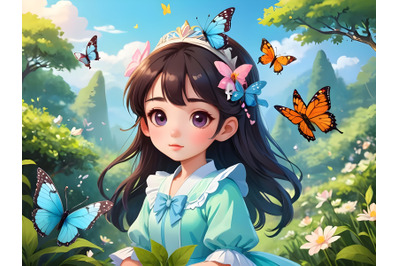 Hand drawn beautiful cute little spring princess girl with a butterfly