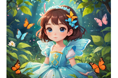 Hand drawn beautiful cute little spring princess girl with a butterfly