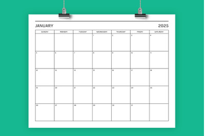 2025 Basic Modern 8.5 x 11 Inch Calendar Template