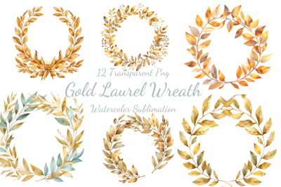 Gold Laurel Wreath Watercolor Sublimation