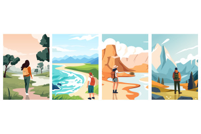 Travelers enjoying view. Cartoon persons enjoying nature and landscape