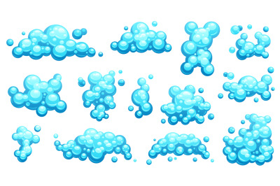 Cartoon shampoo foam set. Soapy bubbles and steam, shampoo foam and bu