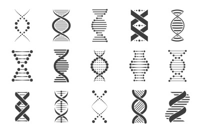 Black dna icons. Biotechnology and molecular biology abstract symbols,