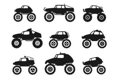 Black monster truck icons. Diesel 4x4 off road vehicle with tires, whe