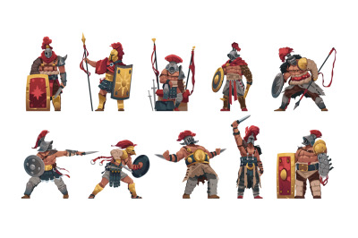 Cartoon gladiator warriors. Sparta coliseum fight character with vario