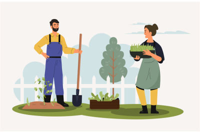 Agricultural employees working in garden with tools. Female and male c