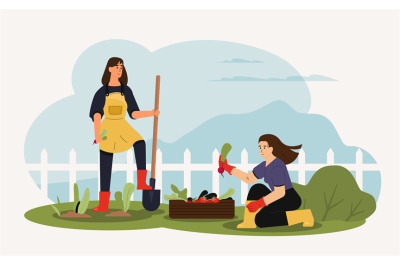 Agricultural employees working in garden. Woman planting radishes with