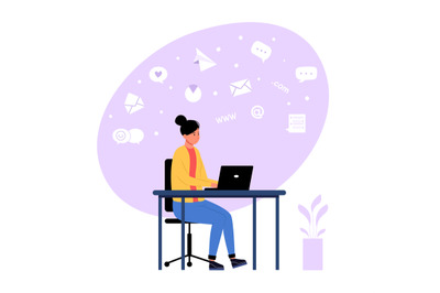 Email and messaging concept. Woman sitting at desk working on laptop.