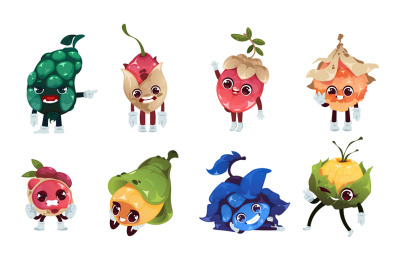 Fantasy fruits characters. Tropical food with various facial expressio