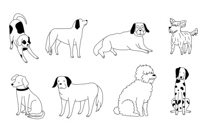 Cute doodle dog. Outlined black puppies in various positions. Hand dra