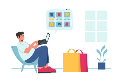 Online shopping. Man sitting with laptop and choosing clothes in shop.