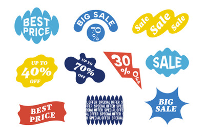 Sale modern stickers for shops. Colorful badges of different shapes wi