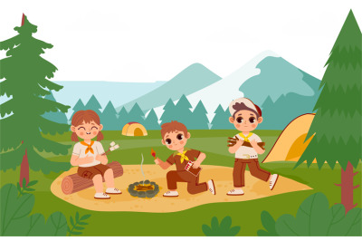 Scout kids by bonfire. Children in uniform grilling marshmallows outdo