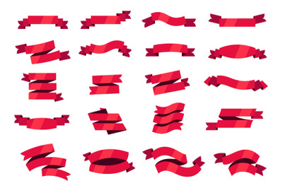 Cartoon red banner ribbons. Empty curved border ribbons for badge and