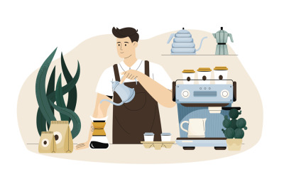 Barista making coffee. Cartoon cafe worker preparing coffee in cafe wi