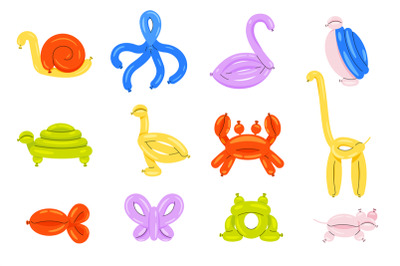 Balloon animals. Cartoon helium gas twisted sculptures of cute animals