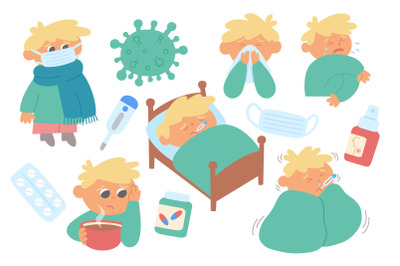 Sick boy, flu season, medical supply, medicine clipart
