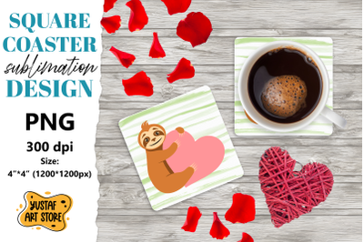 Valentine square coaster design. Cute sloth with heart