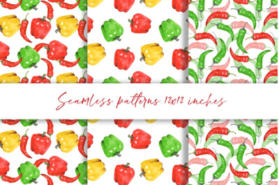 Watercolor peppers. 3 seamless patterns