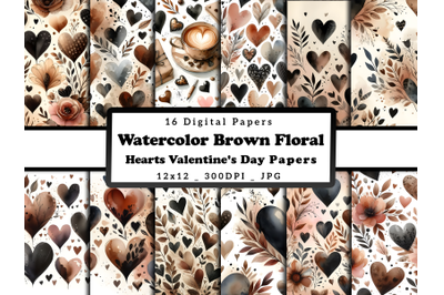 Watercolor Brown Hearts Valentine&#039;s Day Patterns