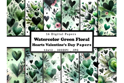 Watercolor Green Hearts Valentine&#039;s Day Patterns