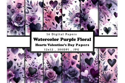 Watercolor Purple Hearts Valentine&#039;s Day Patterns
