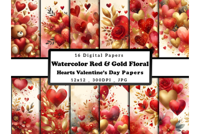 Watercolor Red Gold Hearts Valentine&#039;s Day Patterns
