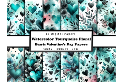 Watercolor Turquoise Hearts Valentine&#039;s Day Patterns