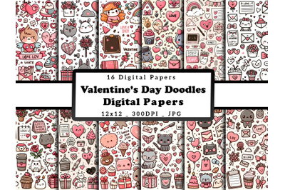 Valentine&#039;s Day Doodles Digital Papers