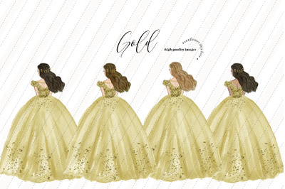 Elegant Gold Princess Dresses Clipart, Quinceanera