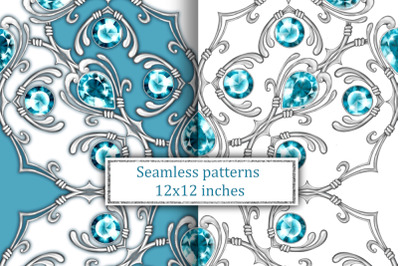 Jewerly seamless patterns | Silver scrolls and blue gems