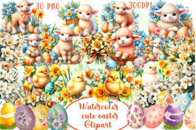 Cute Easter Watercolor Clipart, Easter animals png