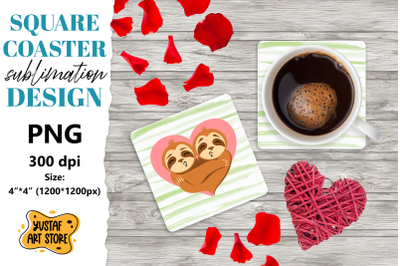 Valentine square coaster design. Cute sloth couple coaster