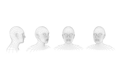 Wireframe human head. Retro wired mesh face, polygonal matrix man port