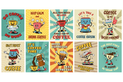 Retro coffee posters. Cartoon espresso cups&2C; coffee house stickers wit