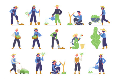 Garden worker collection with work tools. Vector of gardening