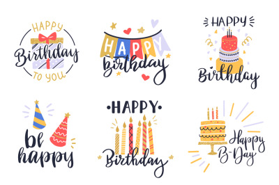 Greeting lettering&2C; cake&2C; balloons and candle birthday greeting card d