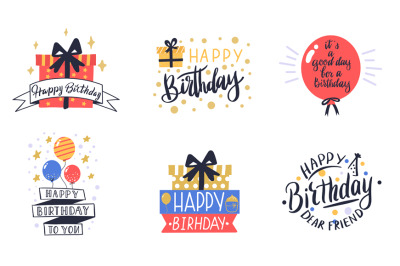 Happy birthday logo badge. Greeting lettering&2C; cake&2C; balloons and cand