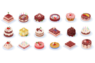 Isometric birthday event tasty strawberry, vanilla, chocolate cakes