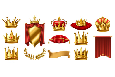 Realistic 3D royal elements. Golden crown on red pillow, crowned shiel