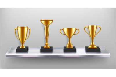 Golden cup awards on shelf. Trophies gallery of honor, gold prizes and